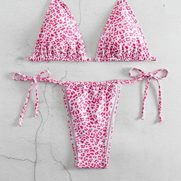 2 Piece Swimsuit, Halter Tide Side Triangle Bikini, Spaghetti Strap - Pink - Picture 7 of 7
